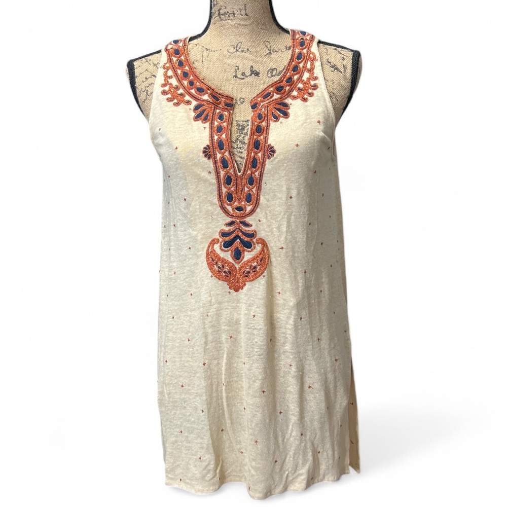 Calypso St. Barth Thera Embellished Long Linen BoHo Tunic. Size XS